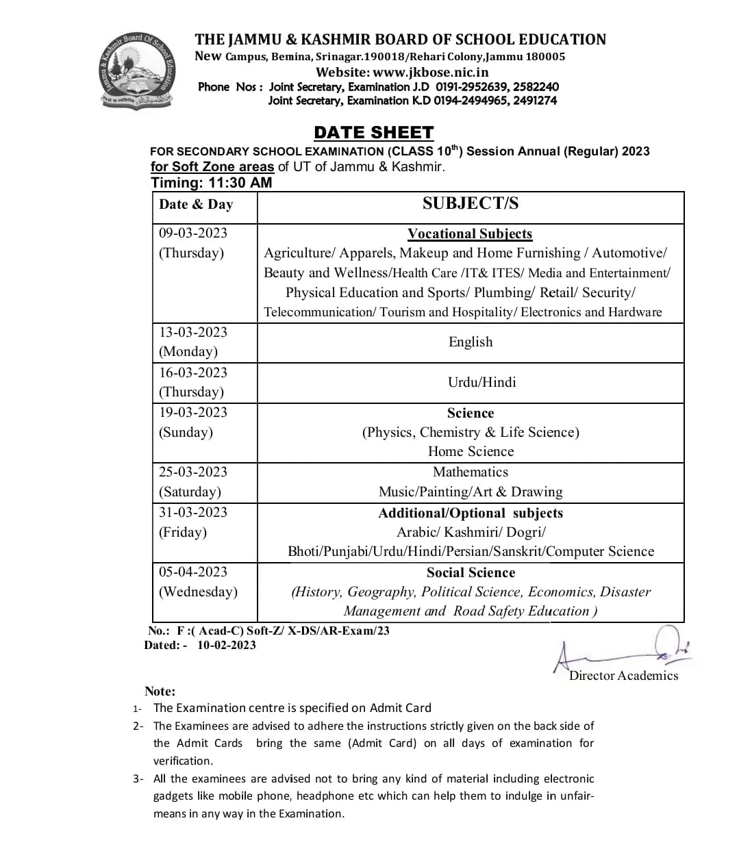 jk board class 10 date sheet 2023