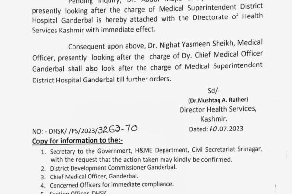 Medical Superintendent of District Hospital Ganderbal Attached Following Reports of Mismanagement